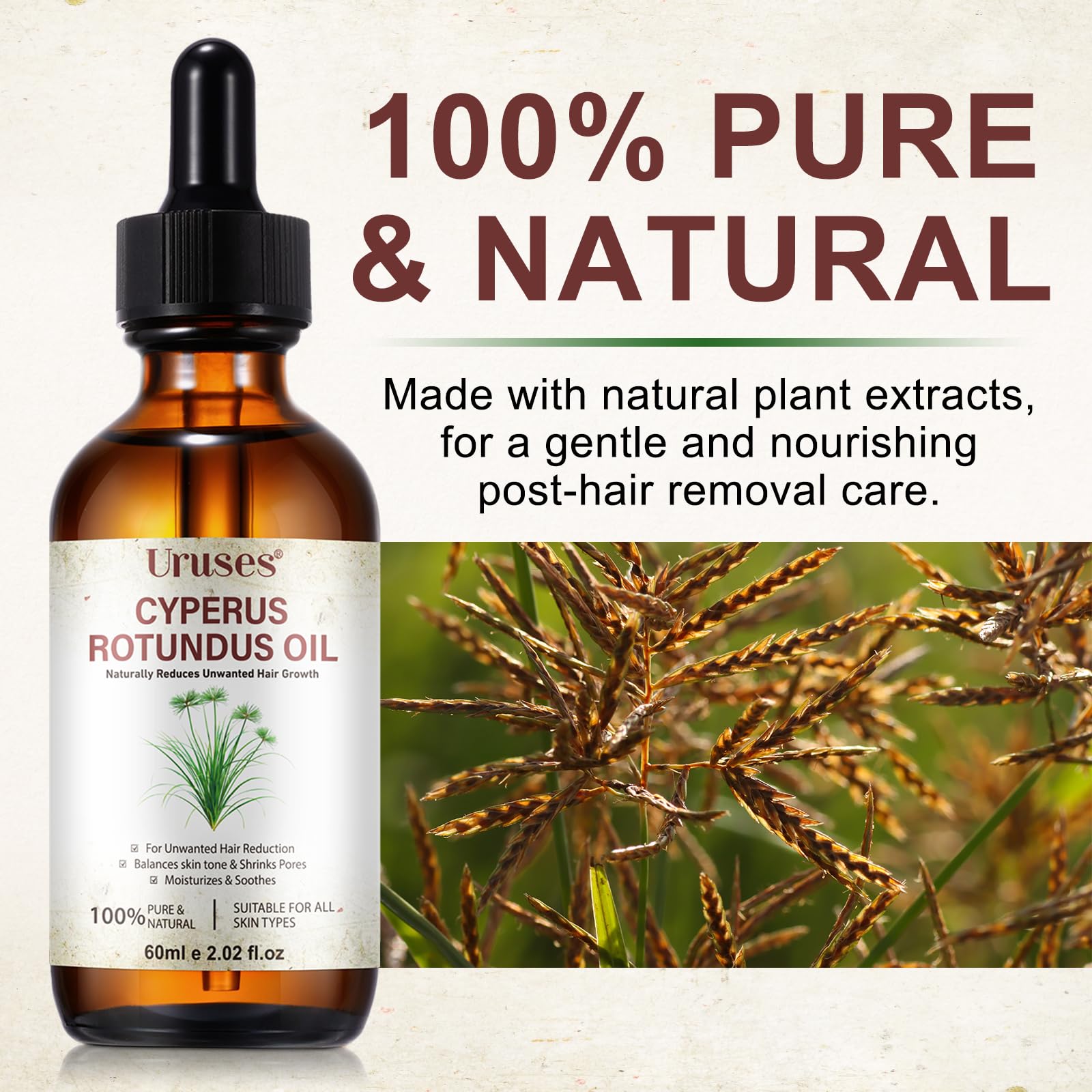 Uruses huile Cyperus Rotundus, gouttes faciles à doser pour une peau hydratée.