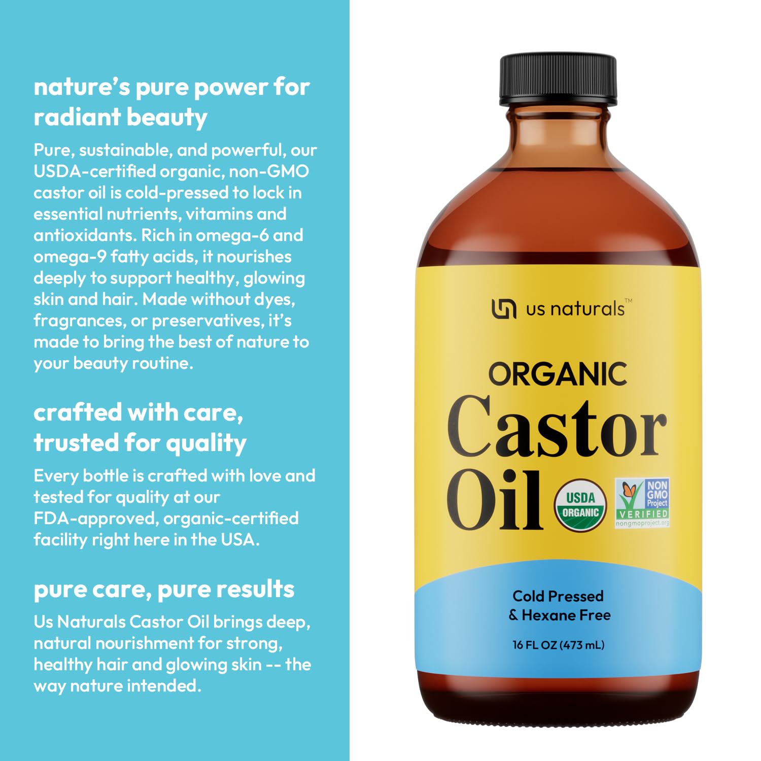 Us Naturals Huile de ricin bio – hydratation profonde pour peau et cheveux