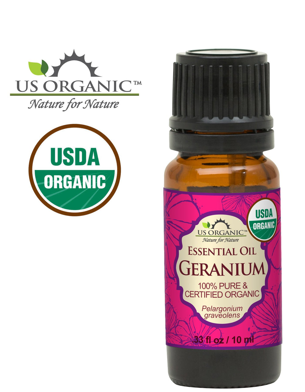 US Organic Géranium huile essentielle, compte-gouttes européens, diffusion contrôlée et pratique.