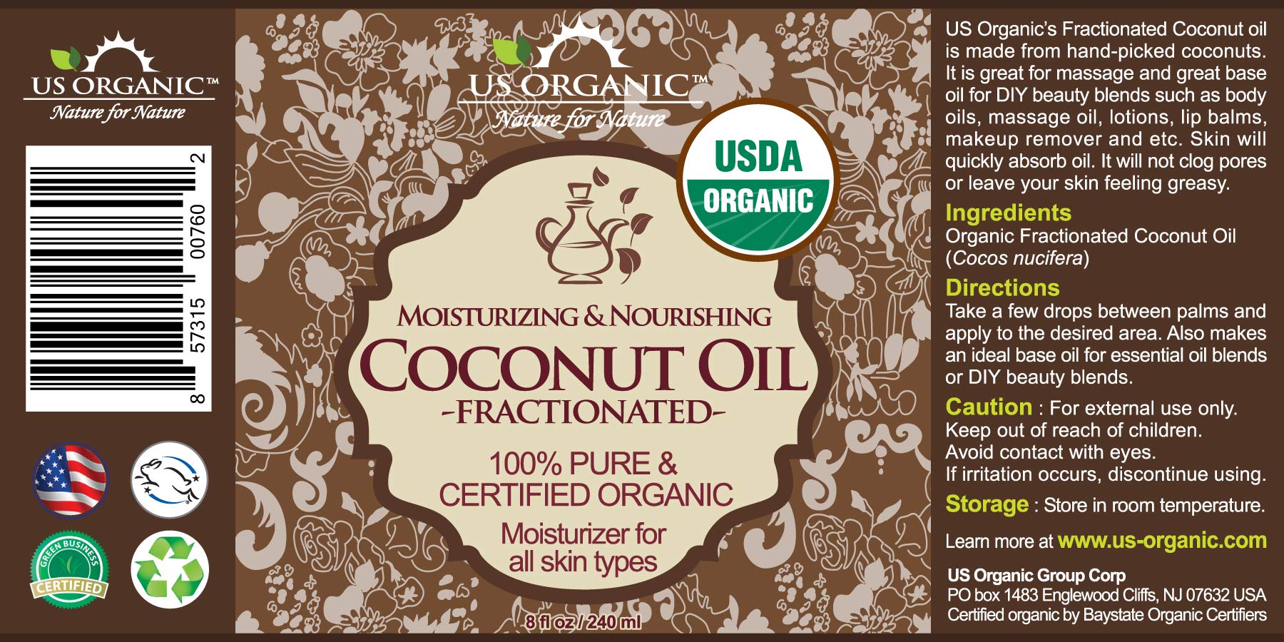 US Organic Huile MCT coco fractionnee — versement facile pour melanges personnalises.