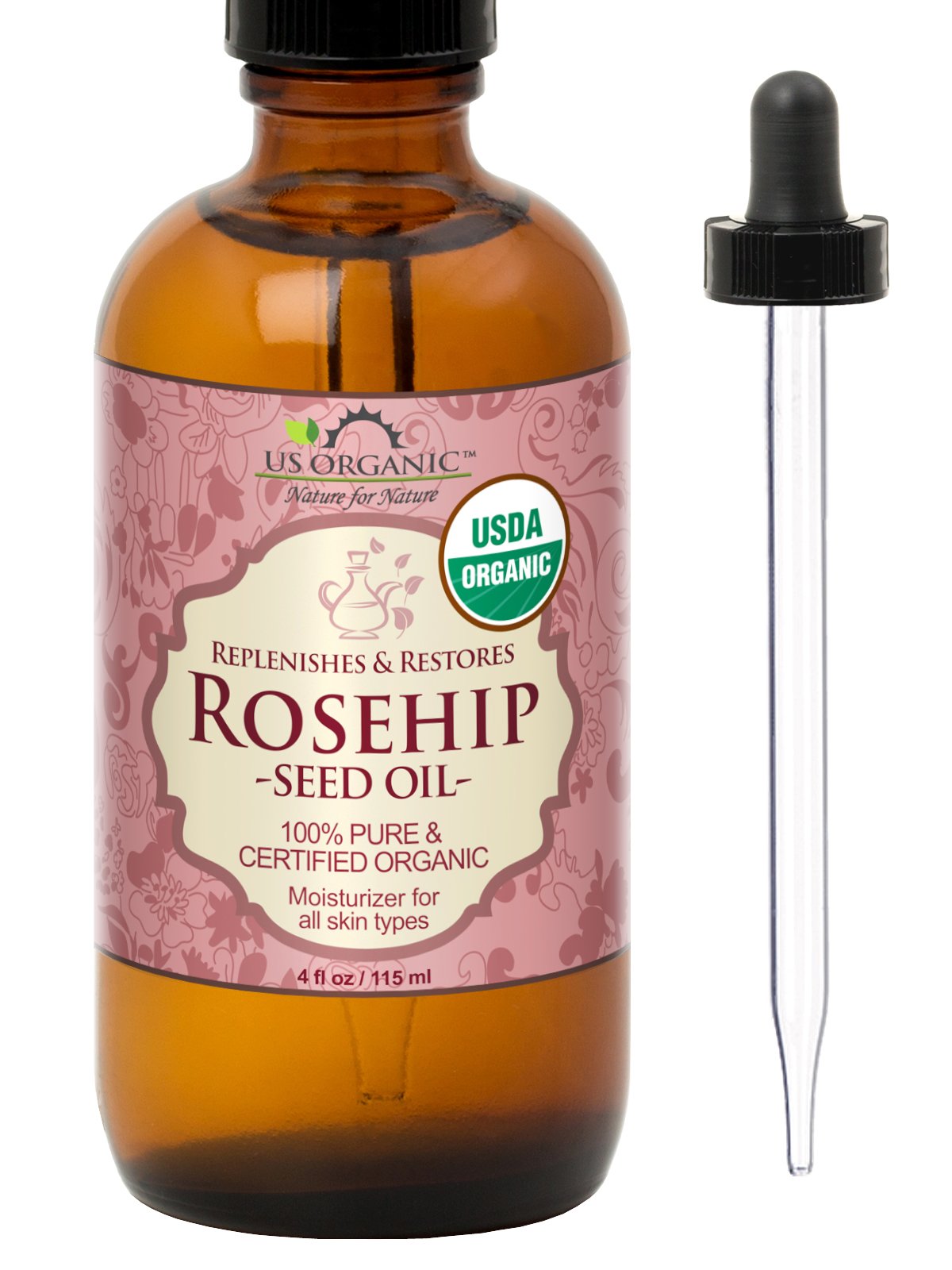 US Organic huile de rose musquée en flacon ambré, nourrissante pour la peau.