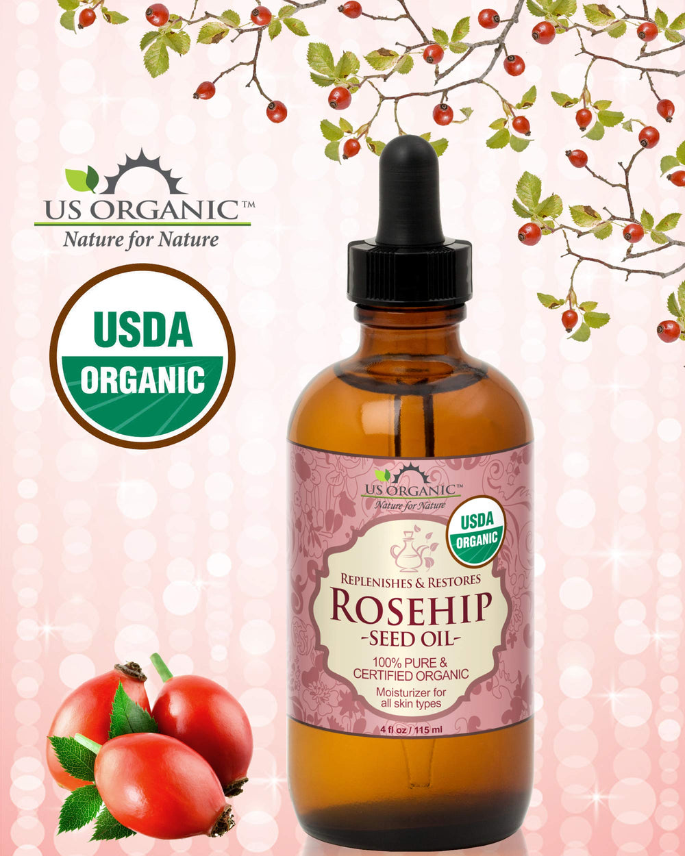 US Organic huile de rose musquée, étiquette bio sur le flacon.
