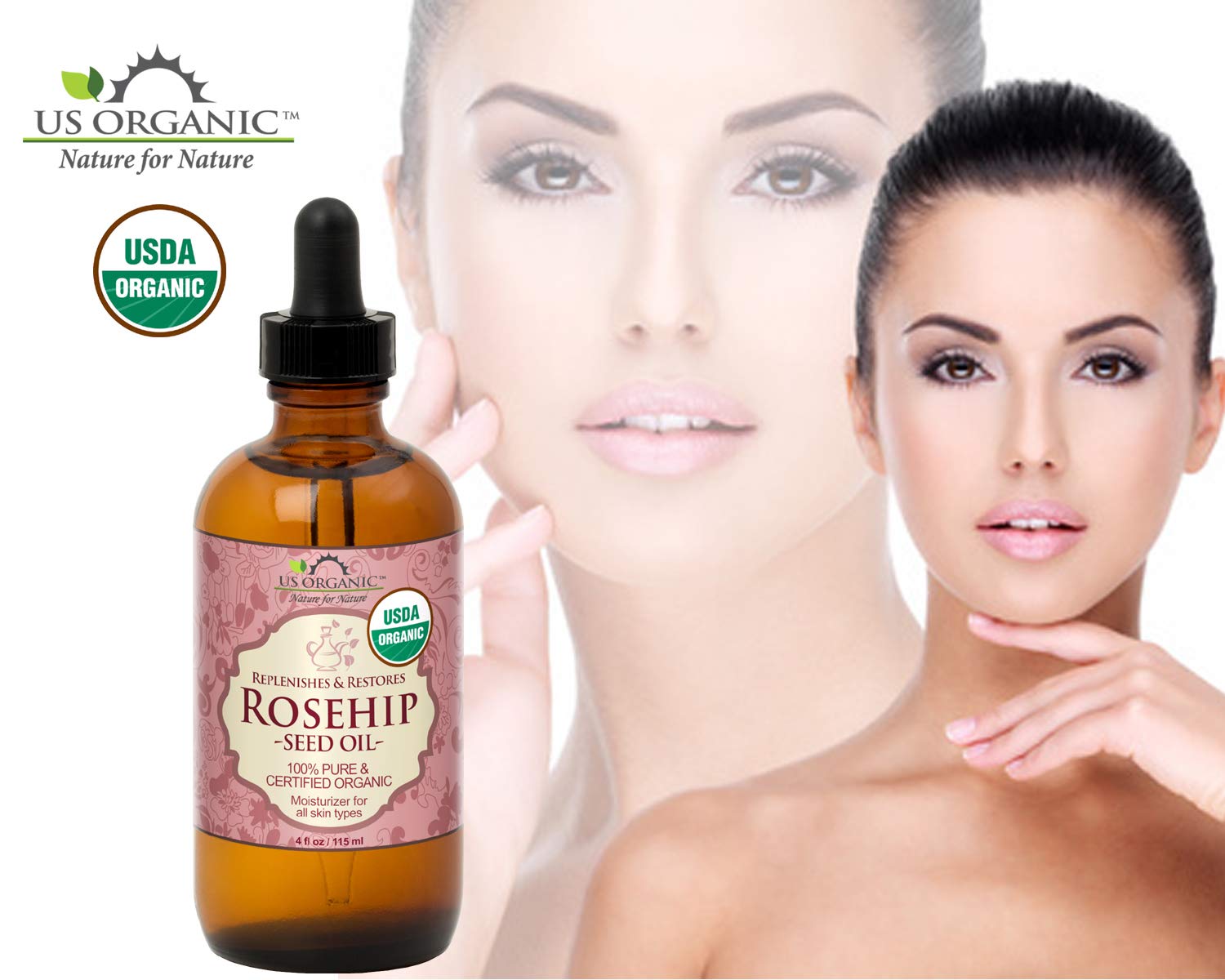 US Organic flacon ambré et gouttes visibles.