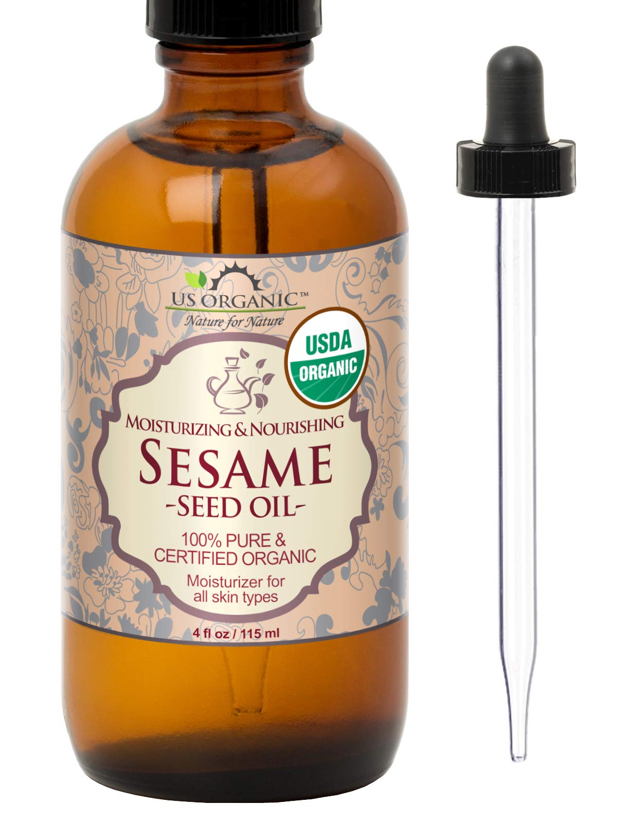 US Organic huile sésame ambre bouteille-pipette, hydratation douce pour la peau