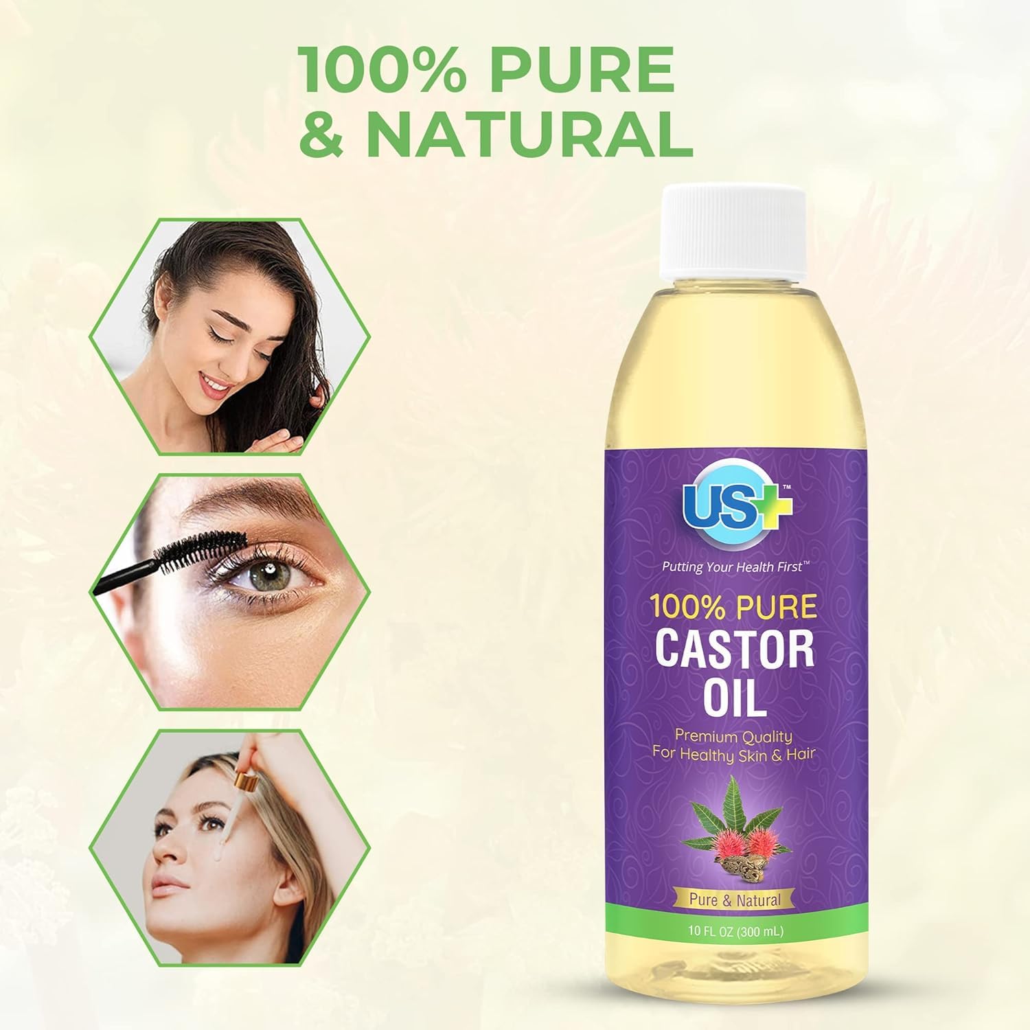US+ huile de ricin – soin ciblé pour cheveux, brillance naturelle et douceur.