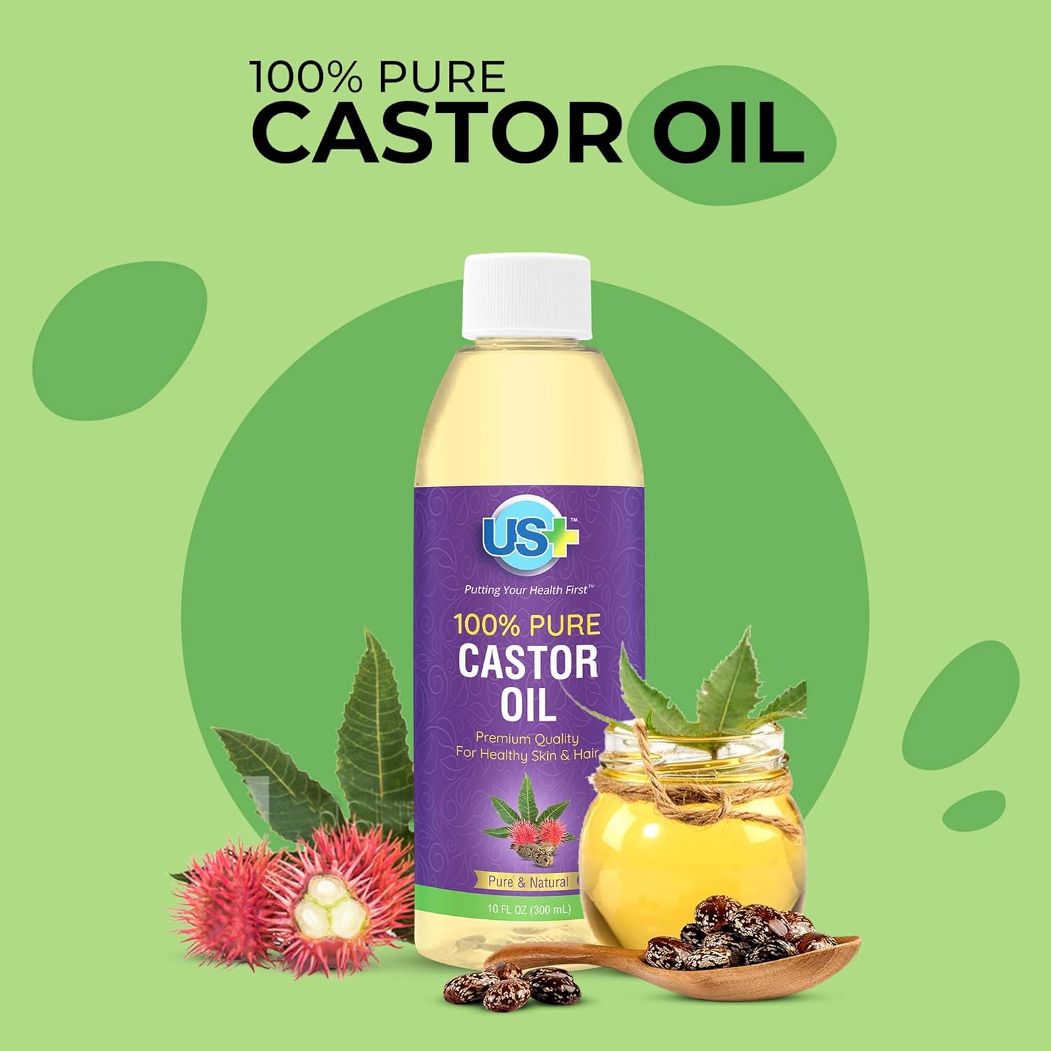 US+ huile de ricin – ingrédient pur et sans additifs pour routine beauté.