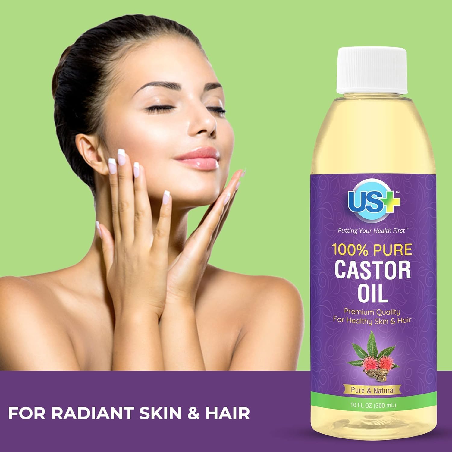 US+ huile de ricin – soin des cils et sourcils pour un regard défini.