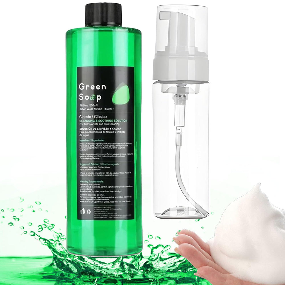 Usiriy Green Soap for tattooing setup with dilution-ready concentrate