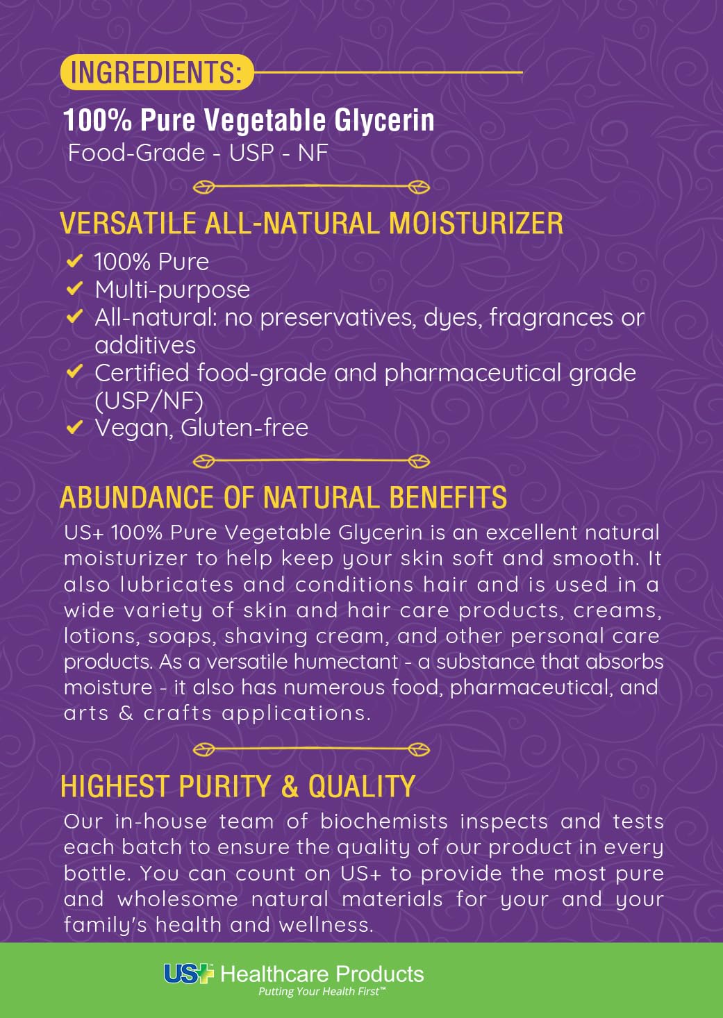 US+ 32oz glycerin usage ideas board shows versatile applications for crafts and skincare.