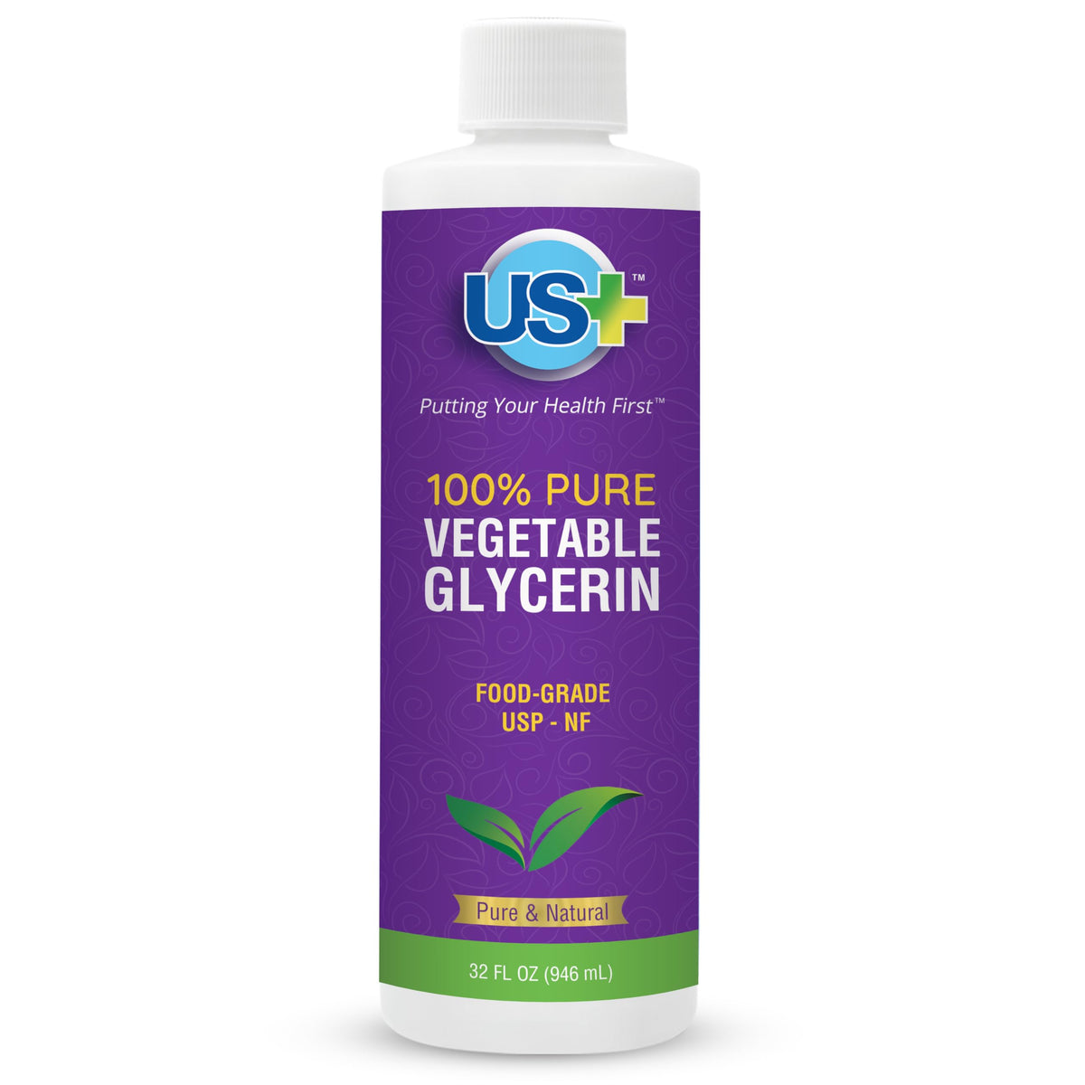 US+ 32oz bottle front view showing pure glycerin for skin and hair care.