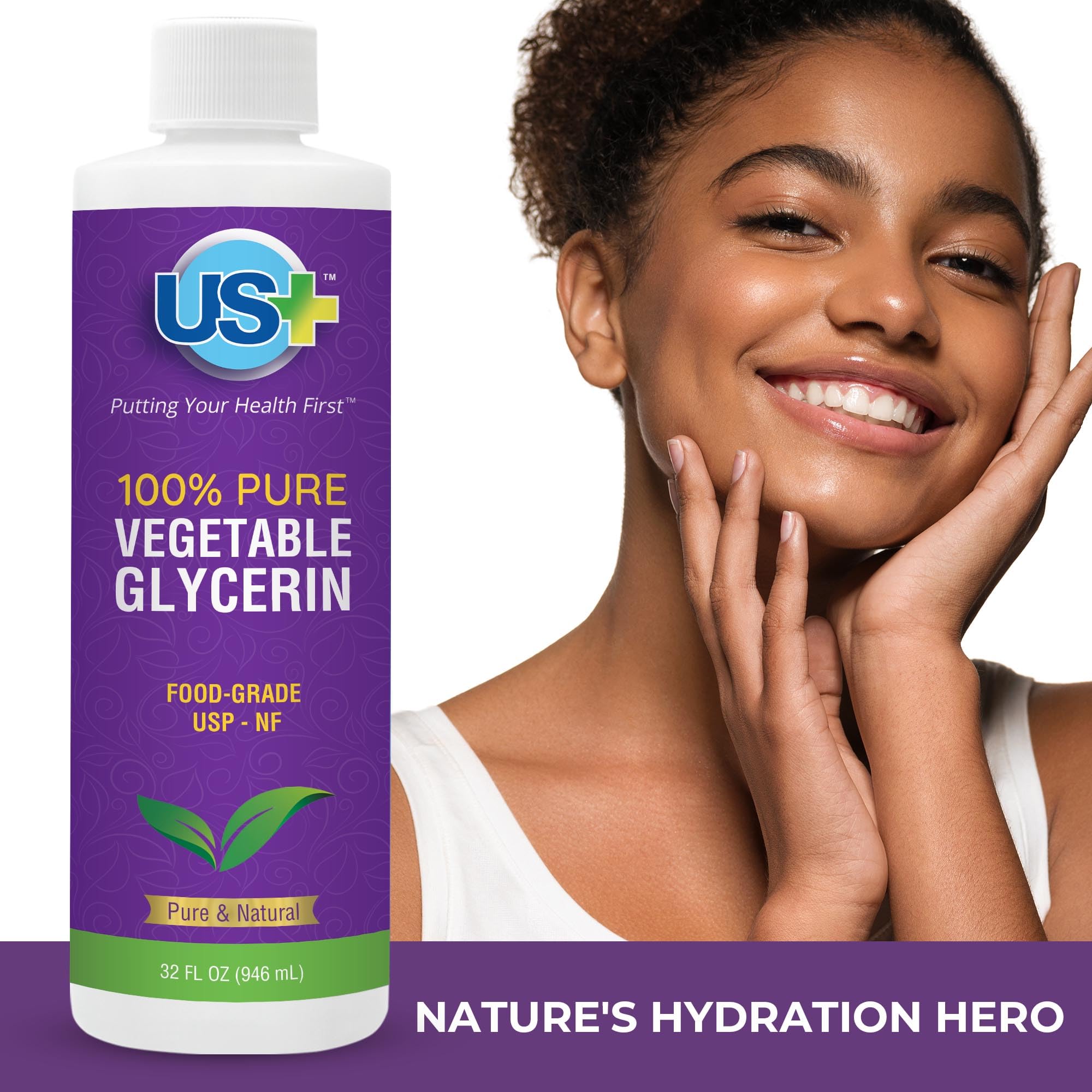 US+ glycerin bottle with certifications visible conveys safety and premium standards.