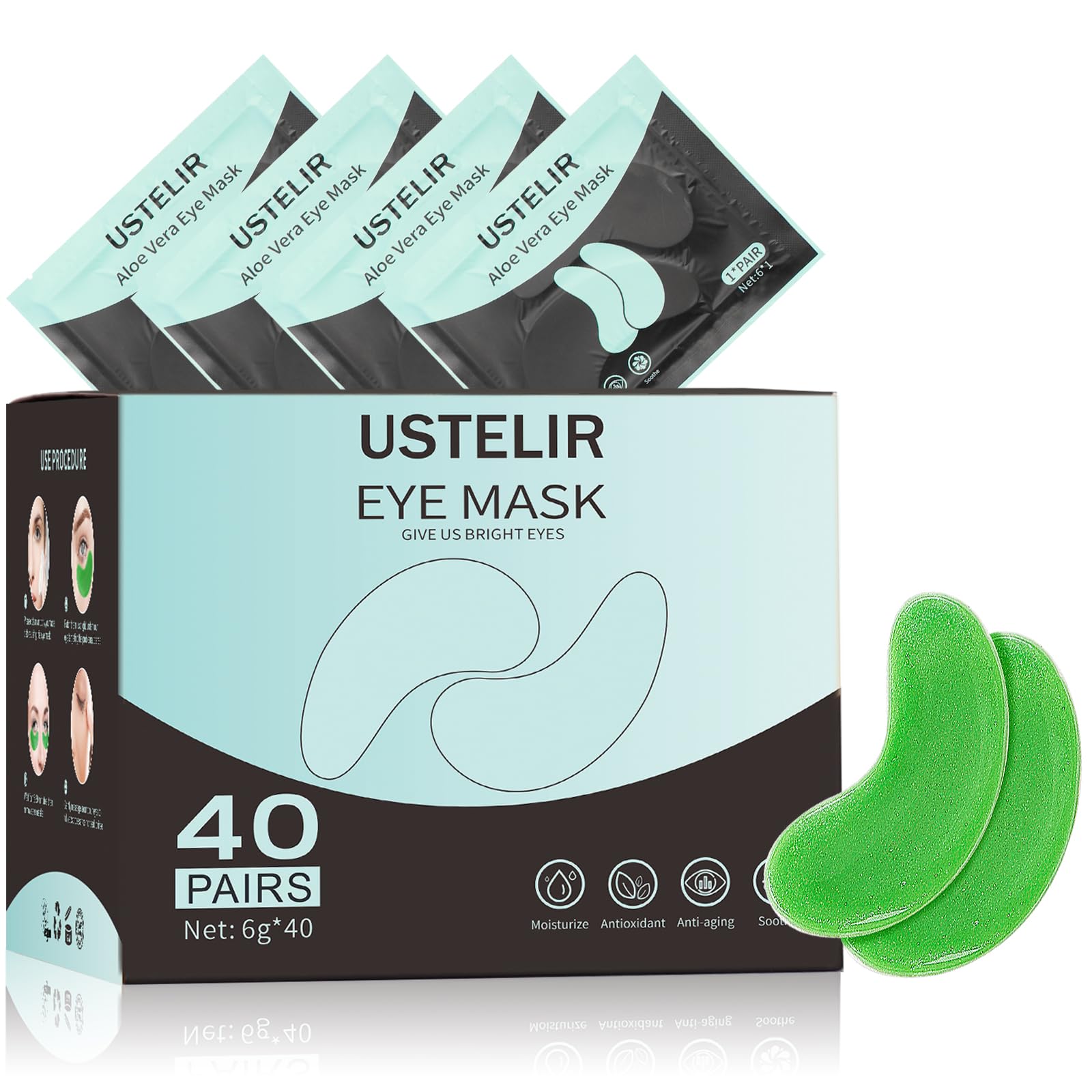 Patchs yeux USTELIR Aloe Vera, 40 paires, hydratent et rafraîchissent le contour des yeux.