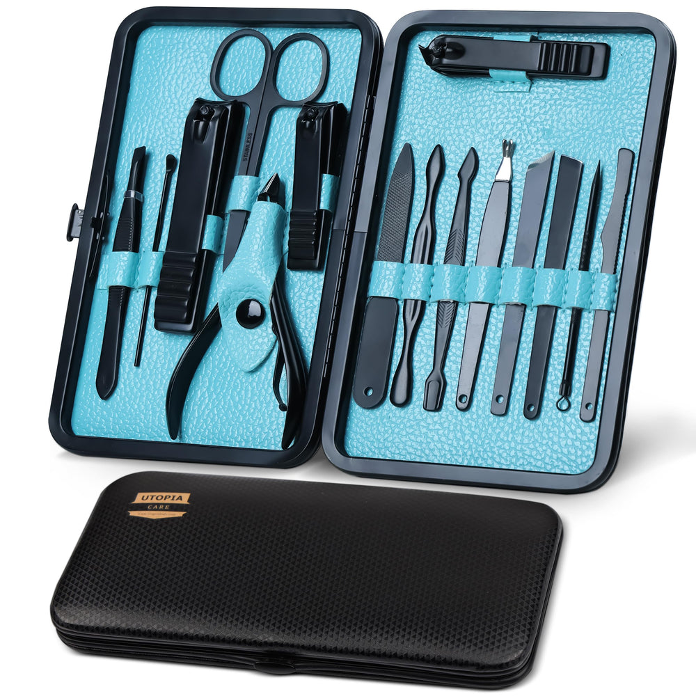 Coffret Utopia Care manucure seize-pieces portable pour voyage pratique.