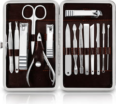 Kit manucure Utopia Care 16 pièces dans une trousse argentée, pratique en voyage