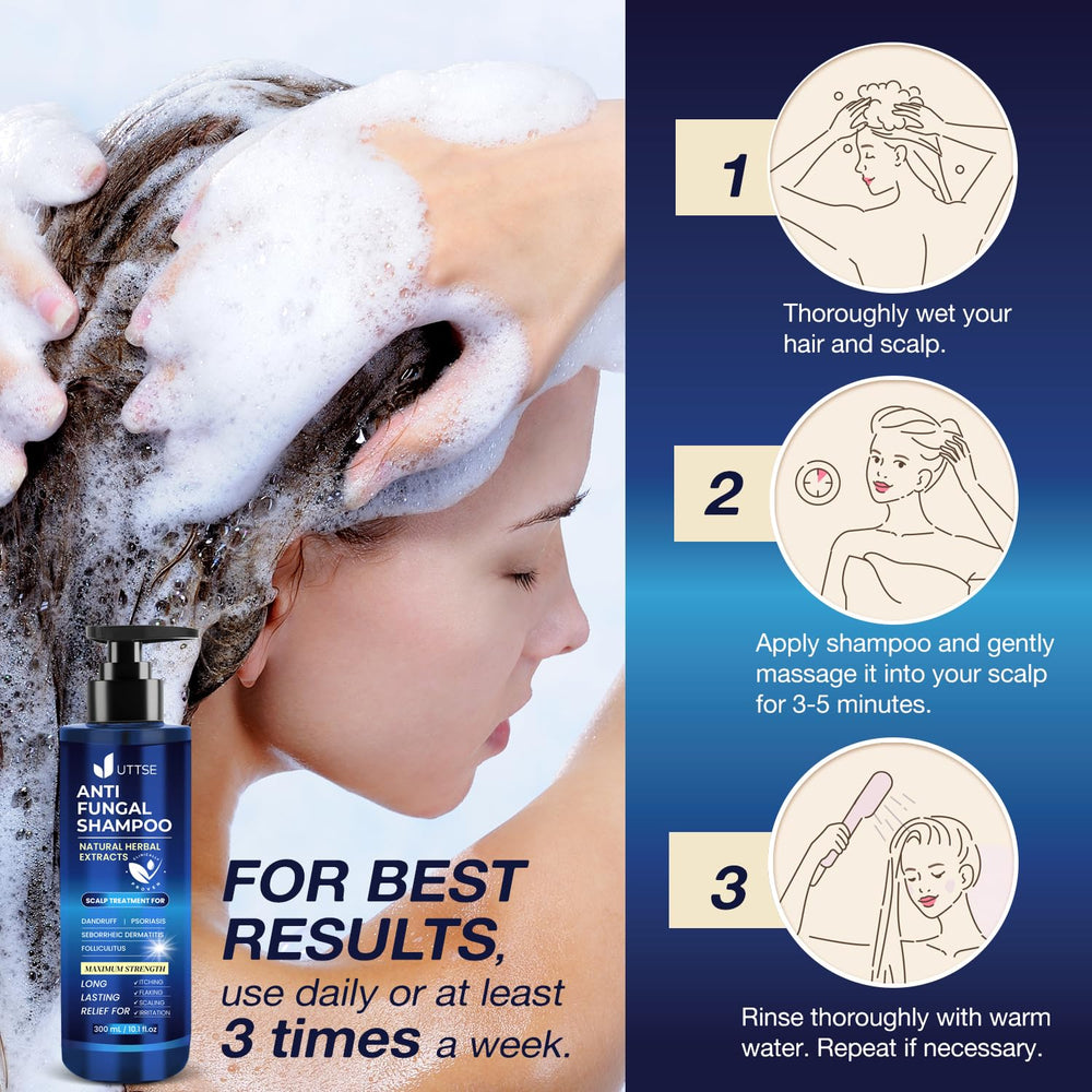 Uttse anti-fungal shampoo after wash showing moisturized scalp and healthy shine.