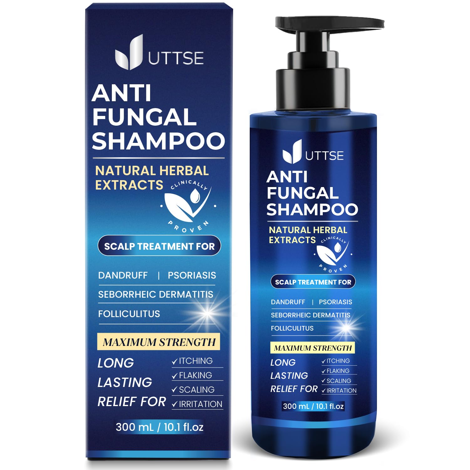 Uttse anti-fungal shampoo bottle front view for soothing scalp care and daily use.