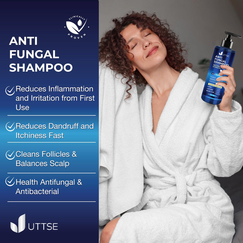 Uttse shampoo packaging highlighting natural ingredients for scalp care.