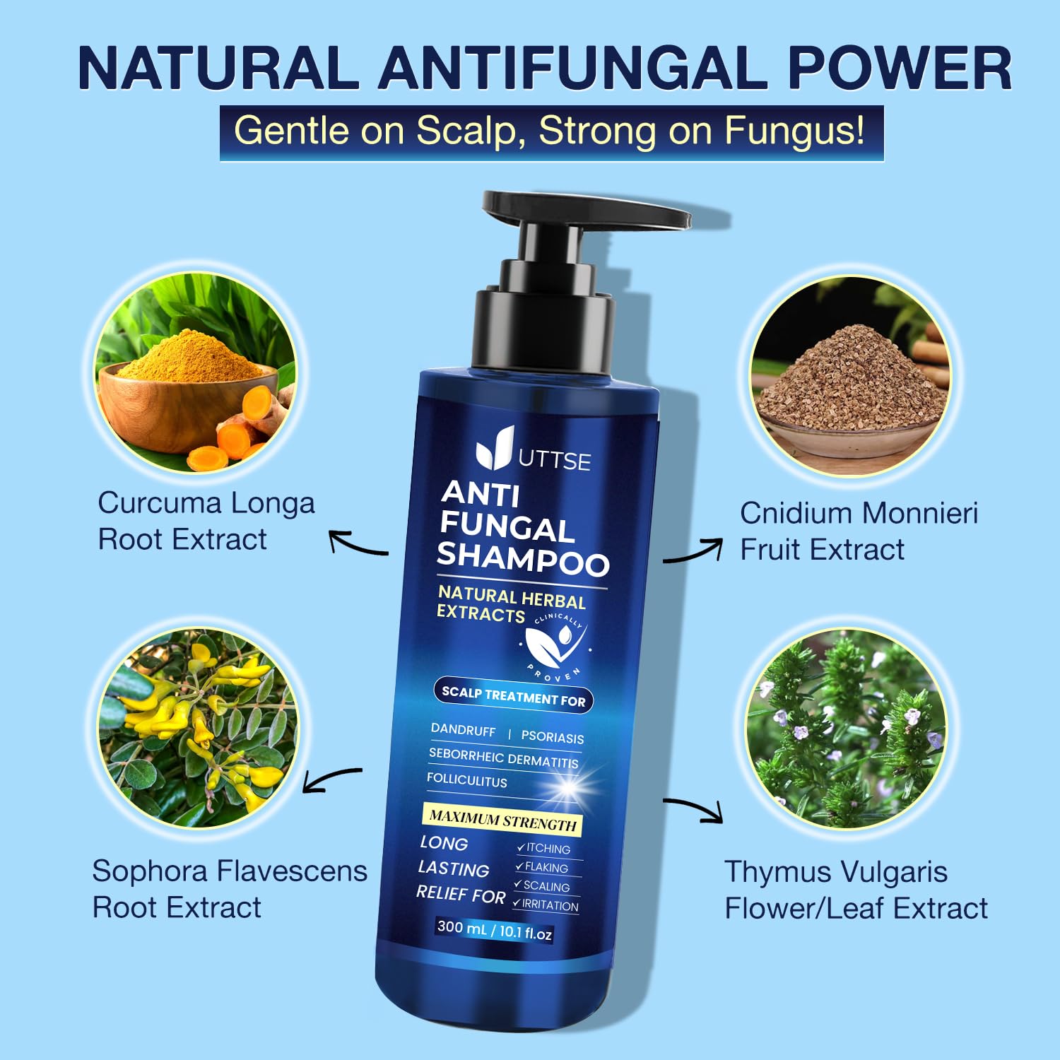 Uttse anti-fungal shampoo massaged into the scalp for easy, soothing care.