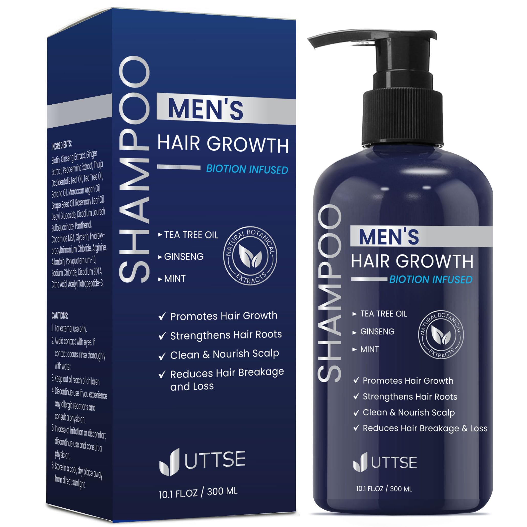 Uttse Biotion Shampoing : bouteille bleu foncé pour densité et vitalité capillaire.