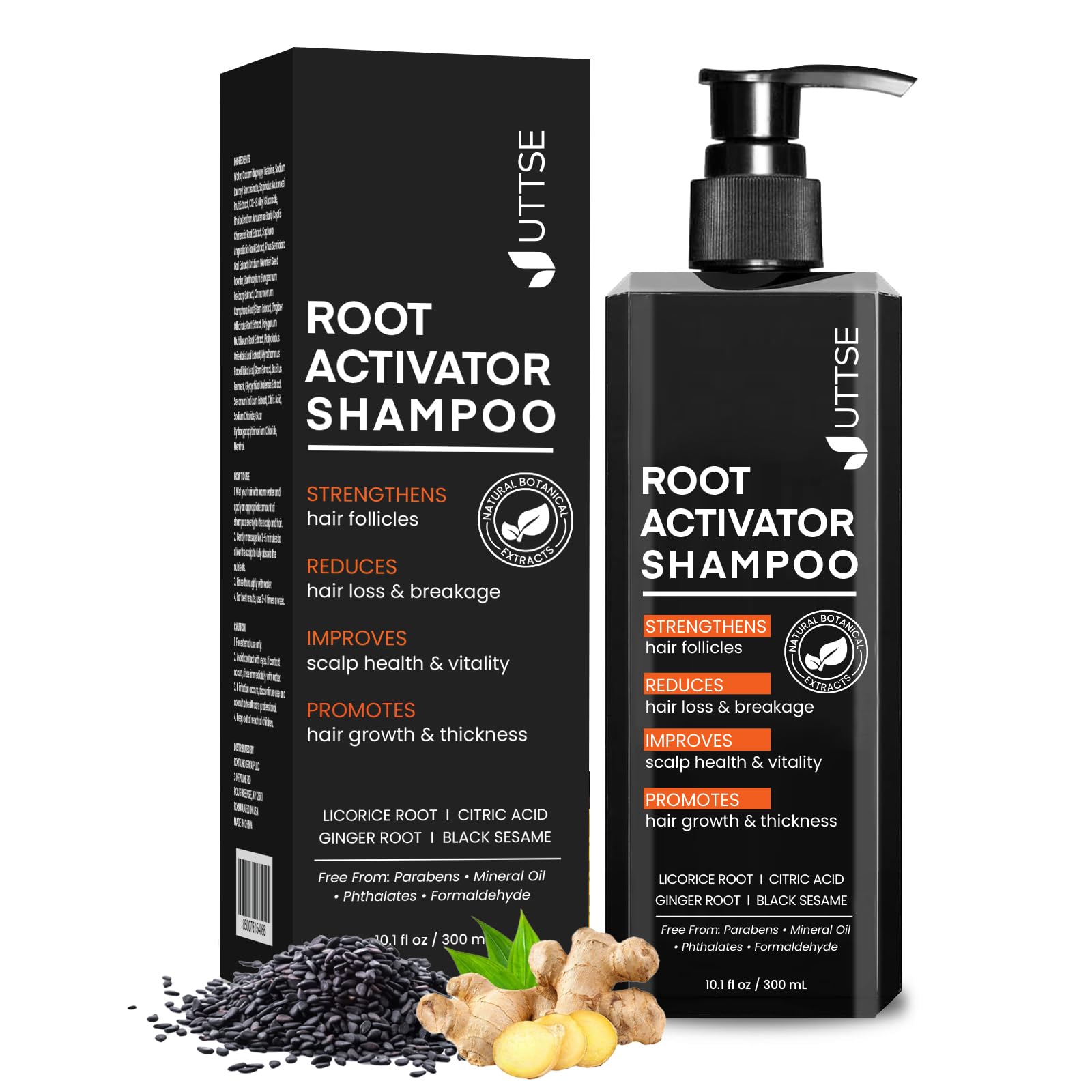 Bouteille Uttse Shampooing Activateur de Racines, cuir chevelu sain et cheveux plus épais.