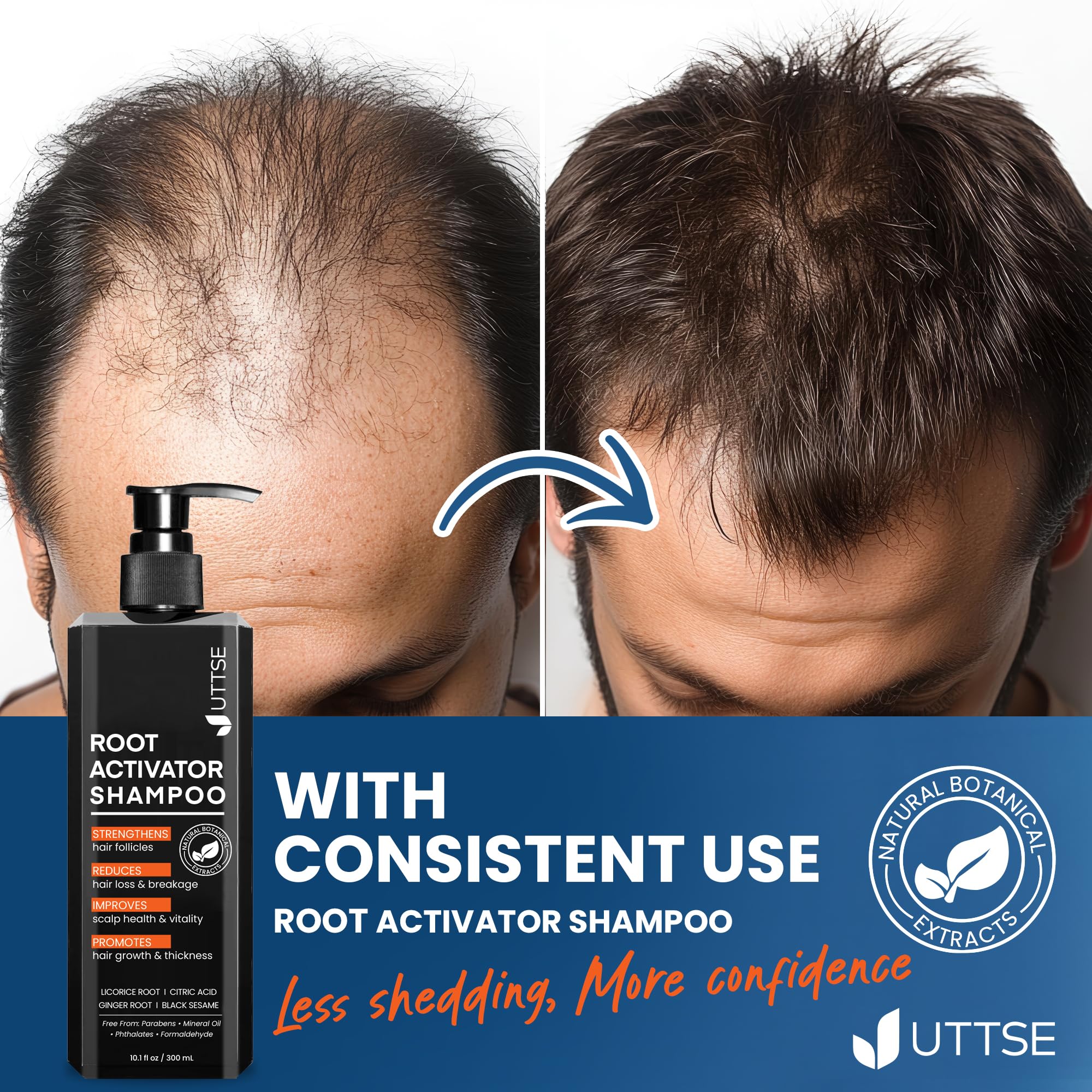 Format pratique 300 ml du Shampooing Activateur Uttse pour routine quotidienne et cheveux plus épais.