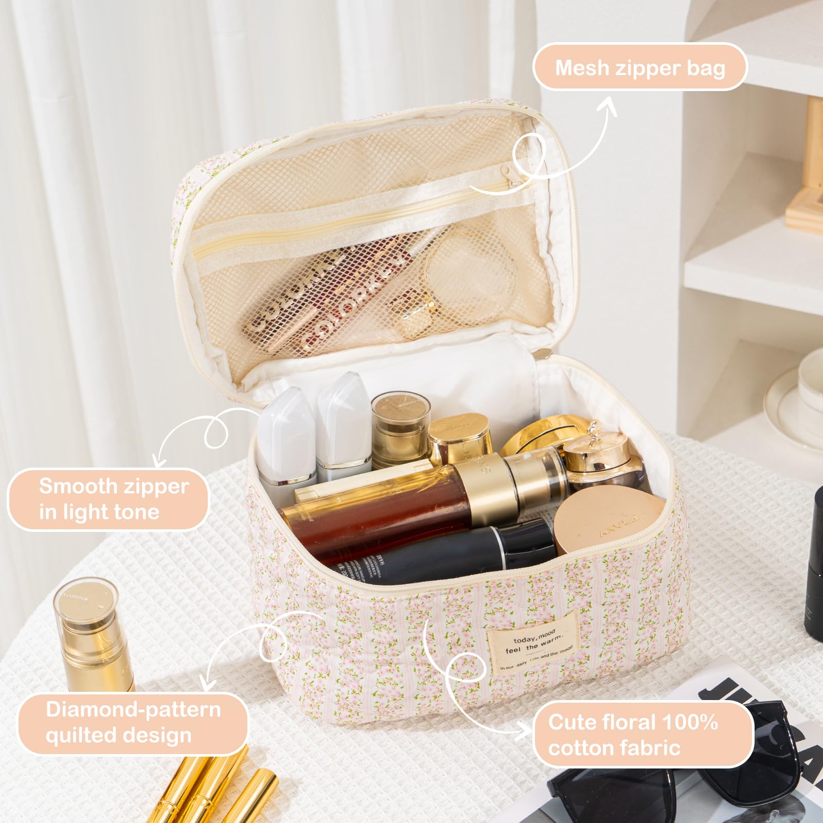 UUYUUY trousse maquillage rose quilté, rangement élégant au quotidien.