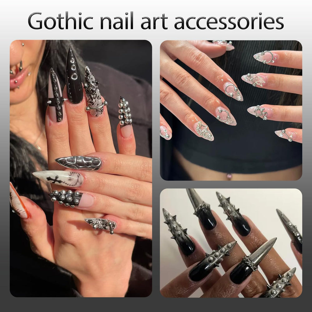 UWETIME design punk noir et argent pour ongles tendance