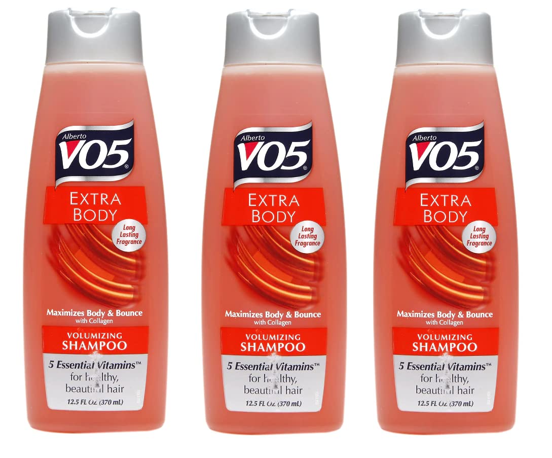 V05 shampoing volume : bouteille montrant des cheveux plus volumineux et soyeux.