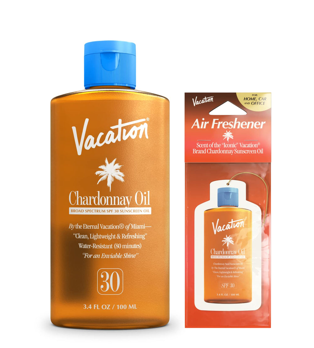 VACATION huile Chardonnay SPF30 sur bouteille, hydratation légère et protection