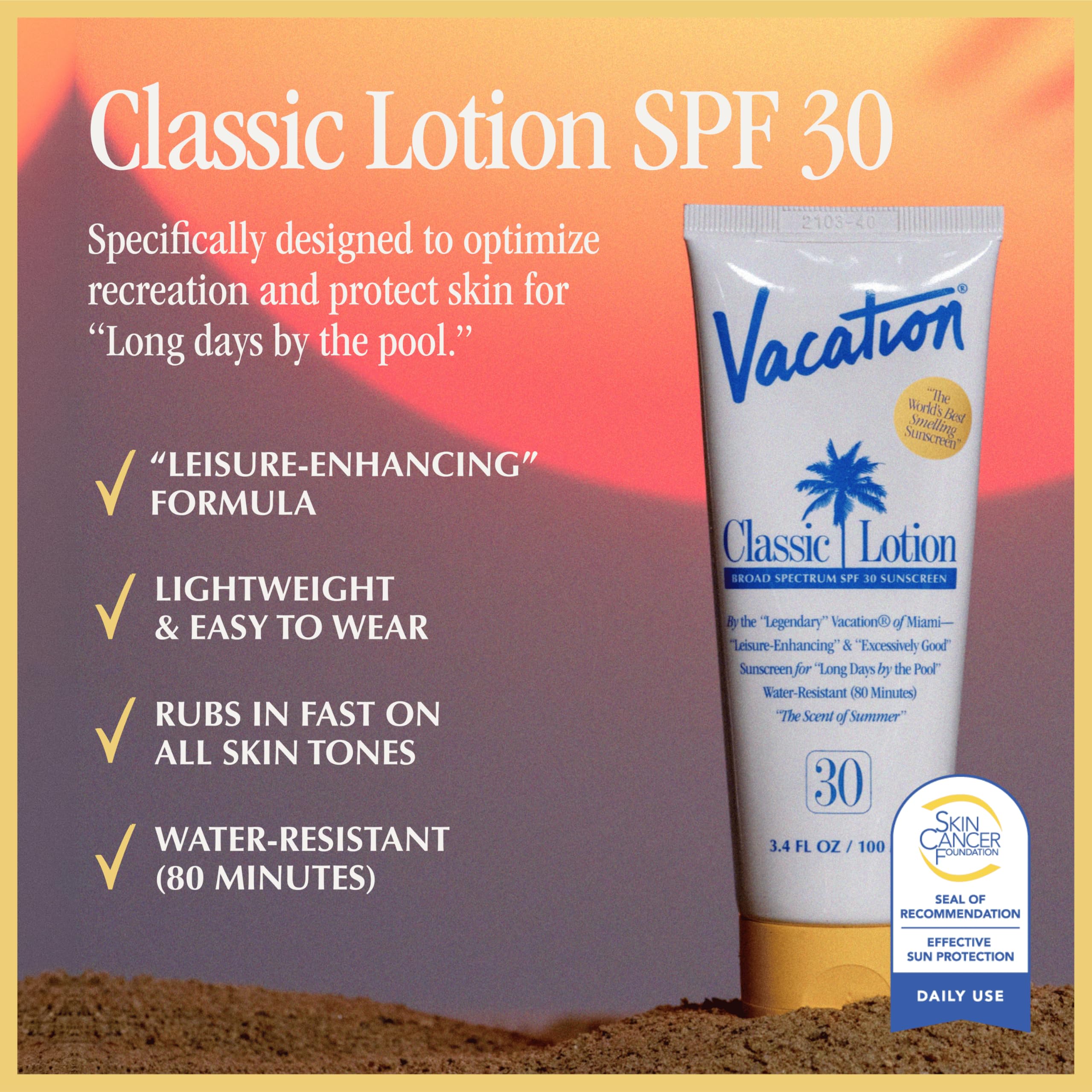 VACATION Lotion solaire classique SPF 30: etiquette détaillée et pratique.