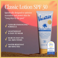 VACATION Lotion solaire classique SPF 30: etiquette détaillée et pratique.