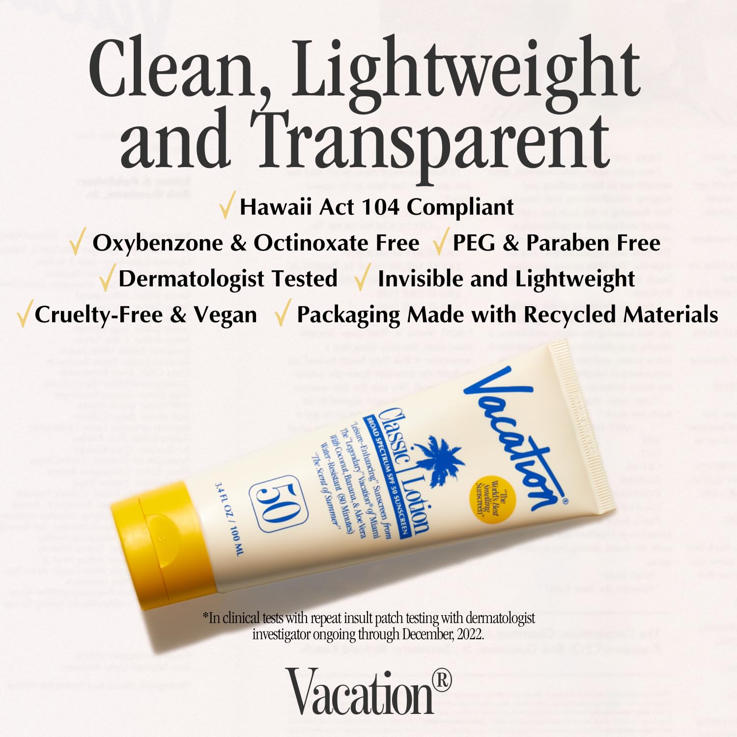 VACATION lotion solaire SPF50, application rapide sans stries sur tout teint