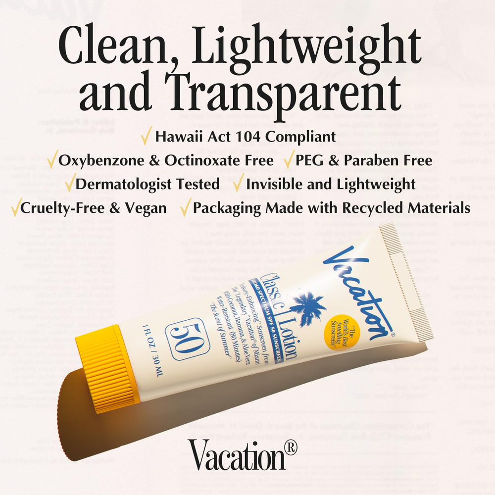 VACATION Lotion SPF50: absorption rapide et fini invisible pour toutes les carnations.