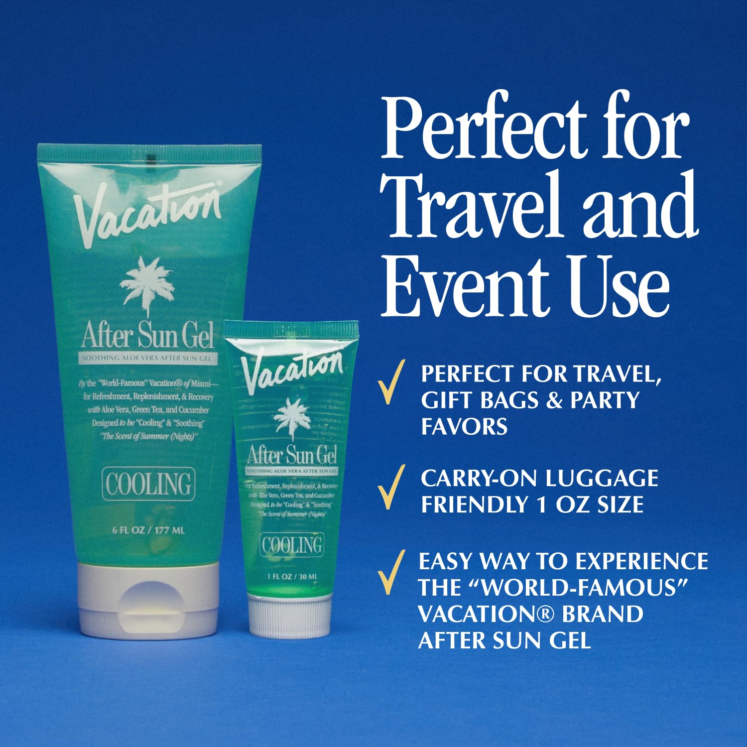 VACATION Mini Apres Soleil Gel, formule sans alcool, douce pour peaux sensibles après soleil.