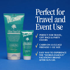 VACATION Mini Apres Soleil Gel, formule sans alcool, douce pour peaux sensibles après soleil.