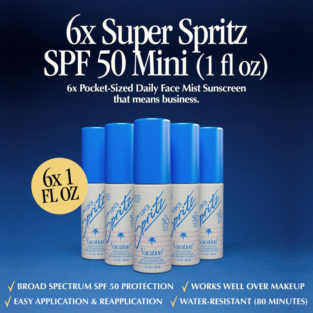 VACATION Mini Super Spritz SPF50 : application rapide sur le maquillage sans déraper.