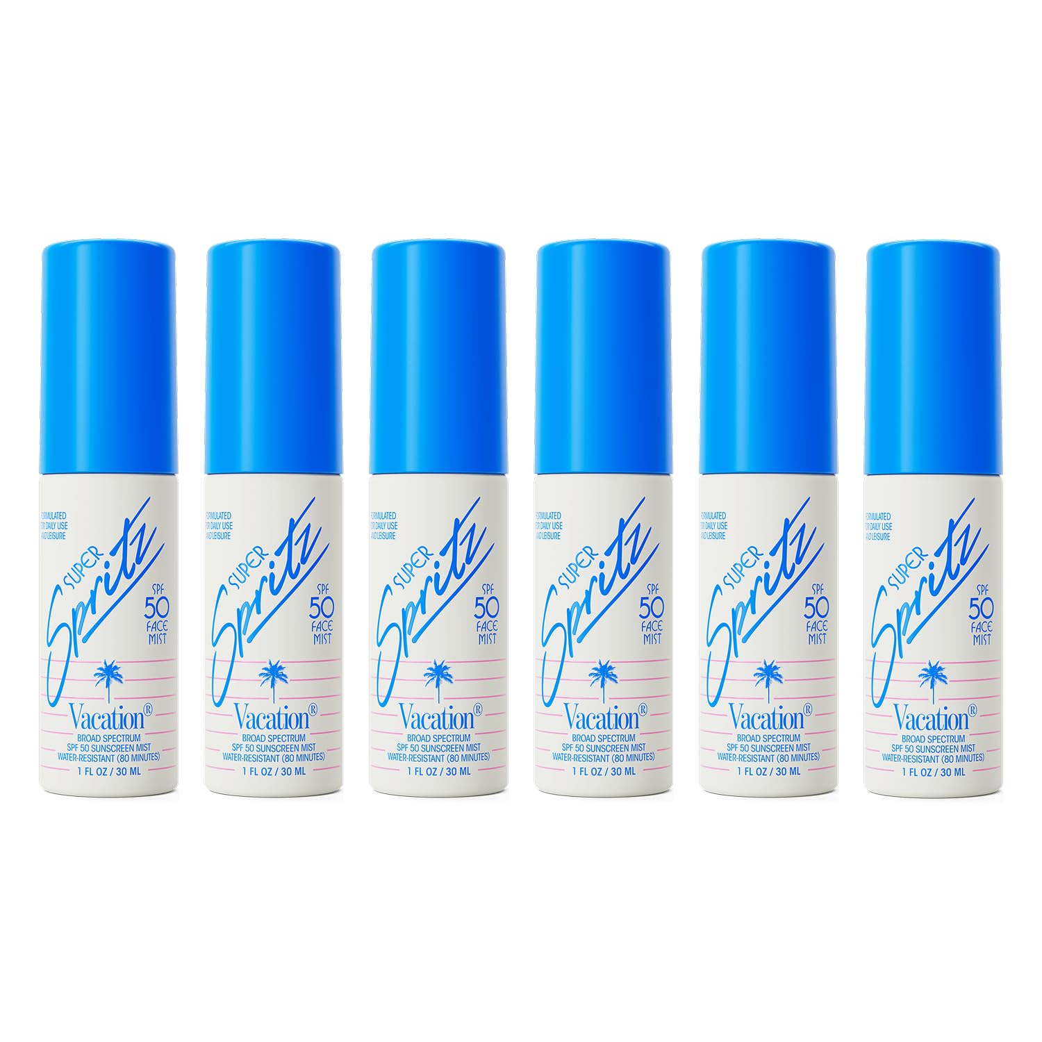 VACATION Mini Super Spritz SPF50 : brumisateur visage portable, protection légère tout au long de la journée.