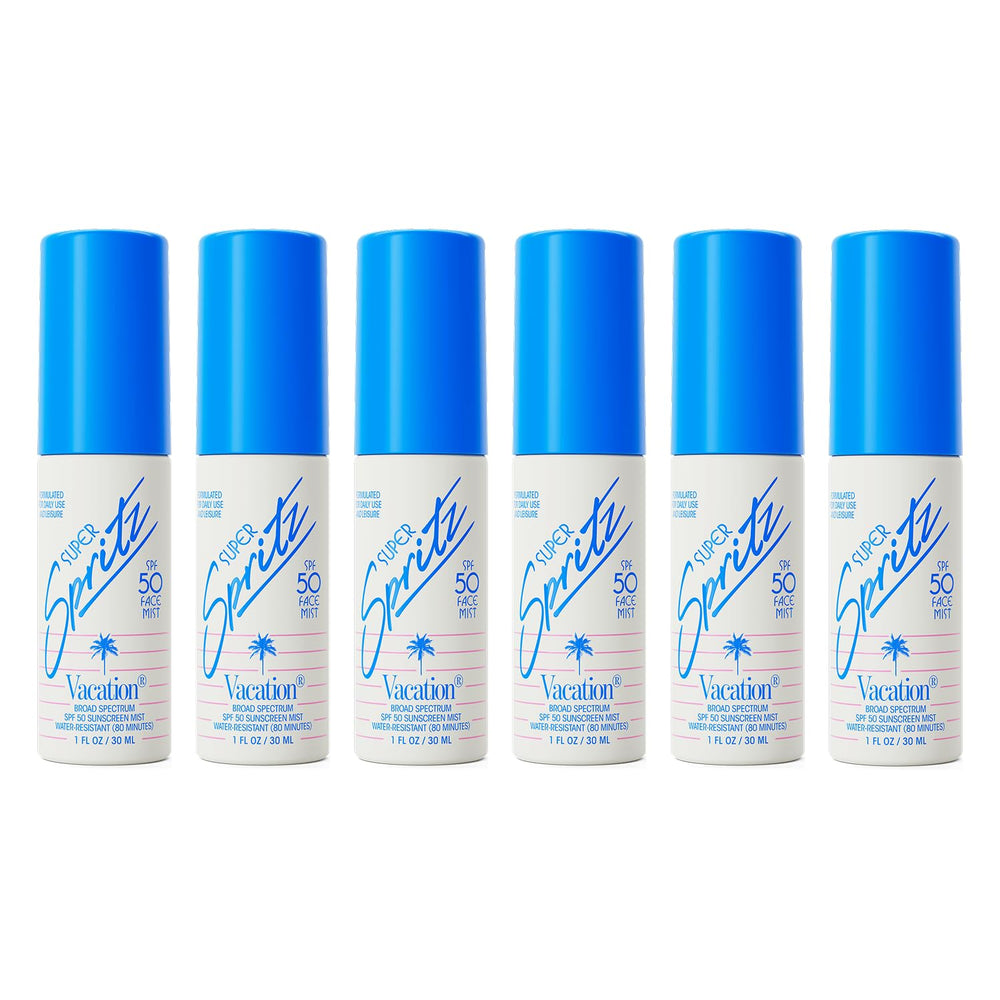 VACATION Mini Super Spritz SPF50 : brumisateur visage portable, protection légère tout au long de la journée.
