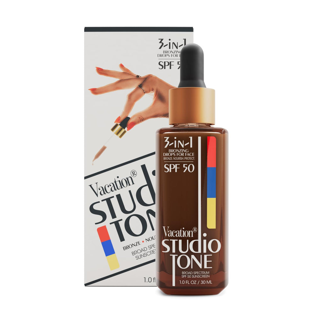 VACATION Studio Tone SPF 50, gouttes bronzantes visage pour un éclat naturel.