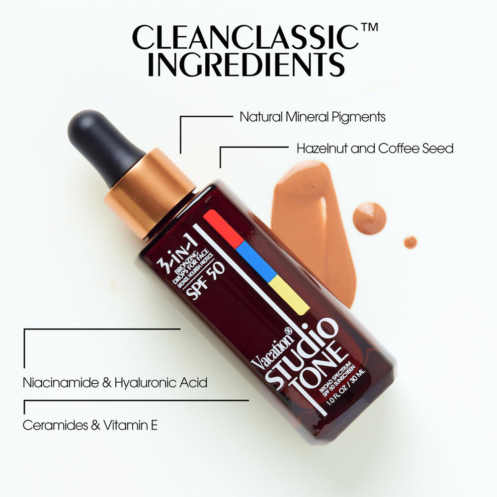 VACATION Studio Tone SPF 50 : niacinamide et hyaluronique hydratants et pores visibles réduits.