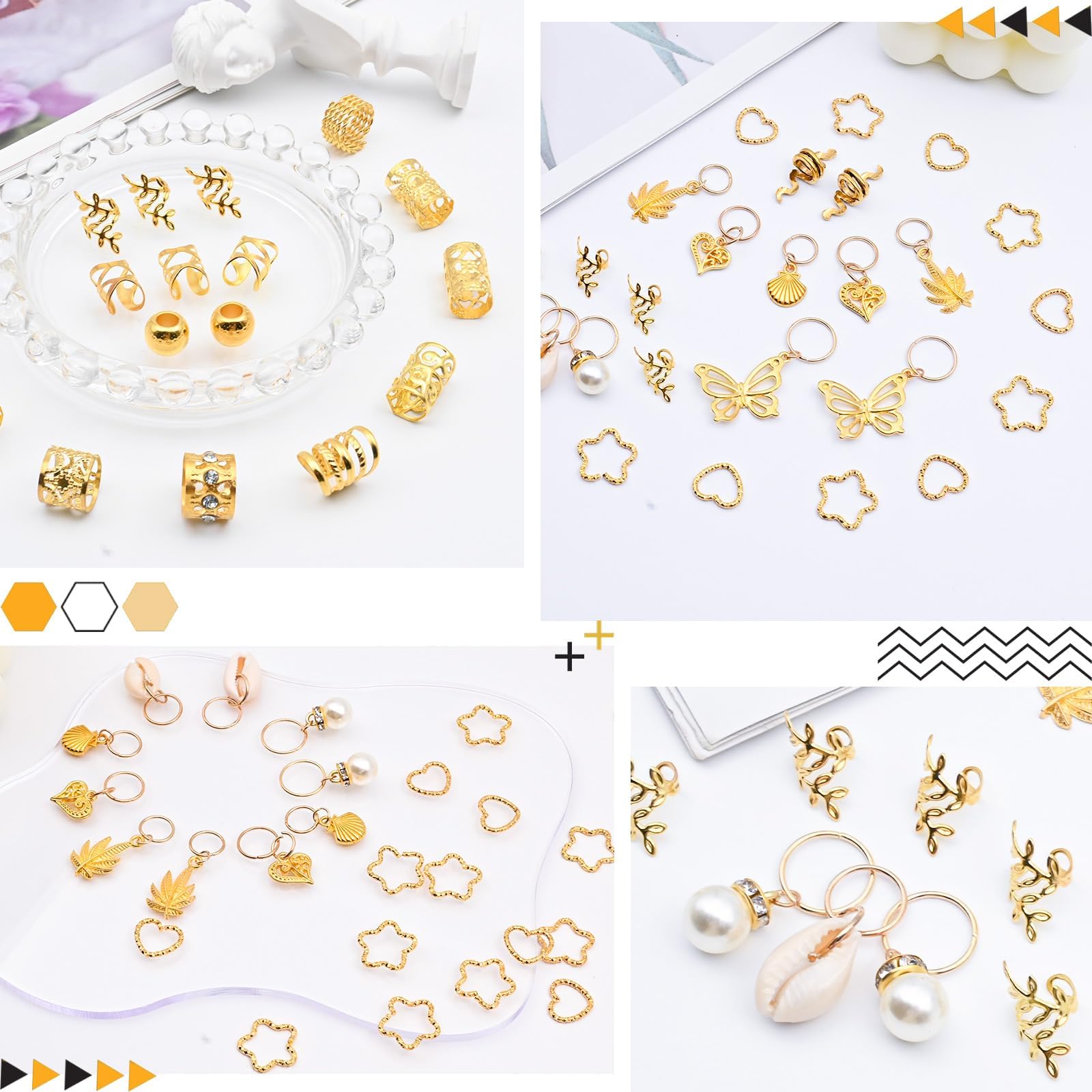 Pendentifs Vaikby pour cheveux, cœurs et perles dorés.