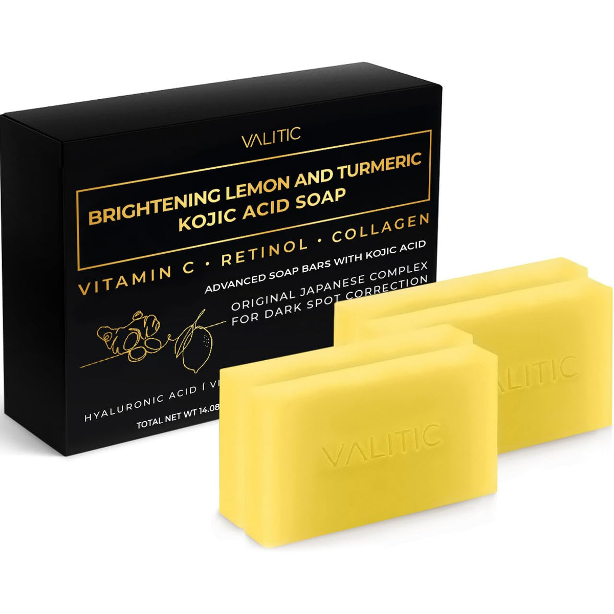 VALITIC savon Kojique Citron-Turmeric, éclaircissement potentiel et soin quotidien.