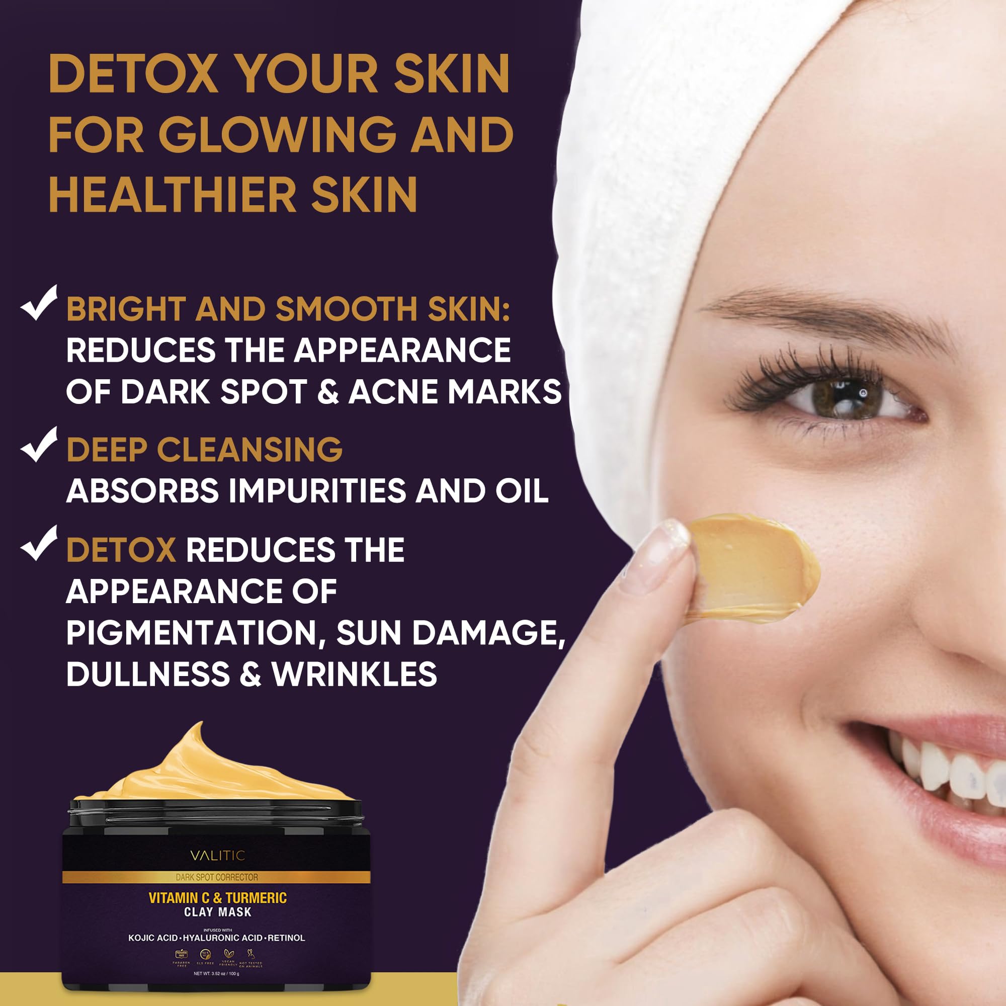 VALITIC teint plus lumineux grâce à la vitamine C et curcuma.