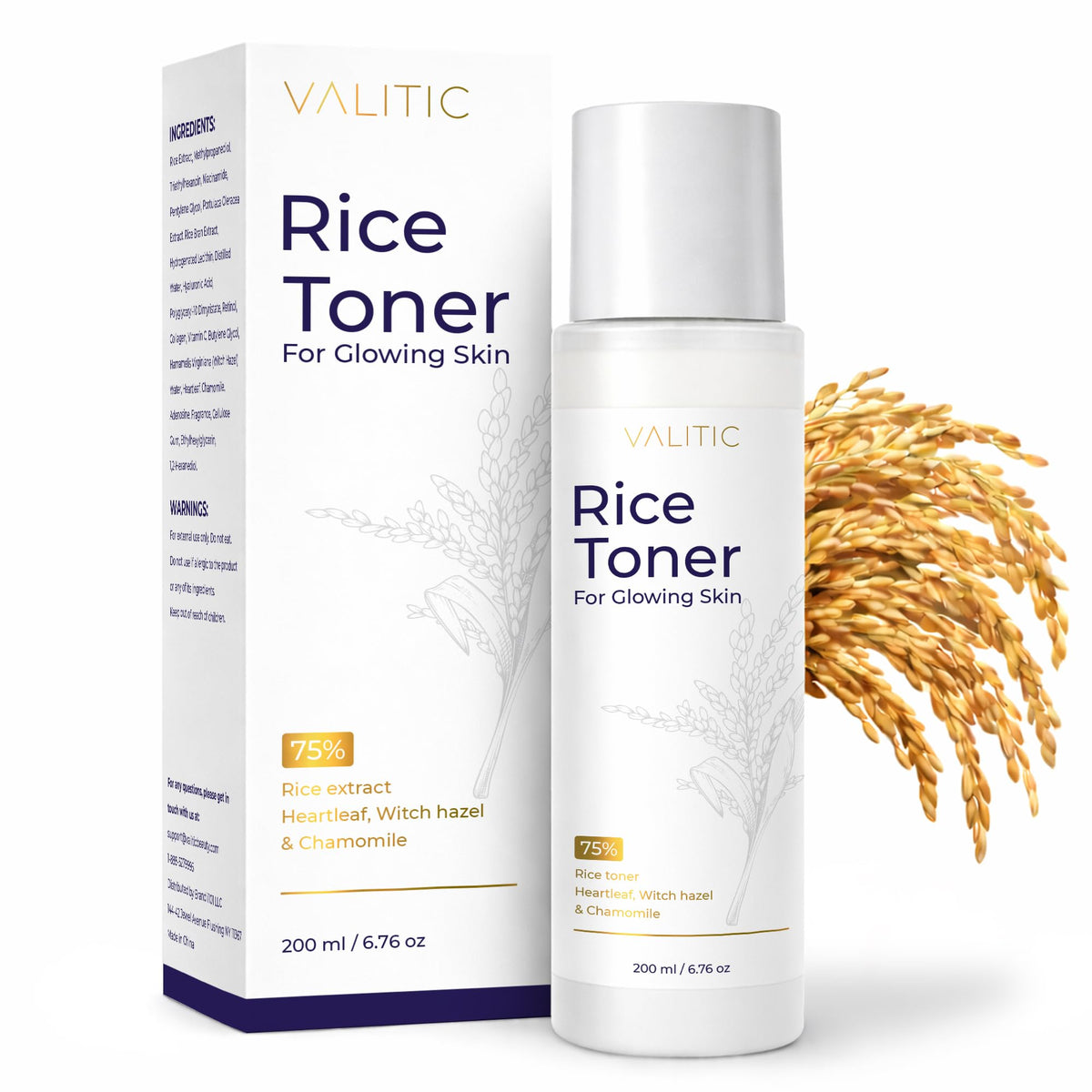 VALITIC tonique lait riz 75 sur la bouteille, hydrate et prépare la peau.