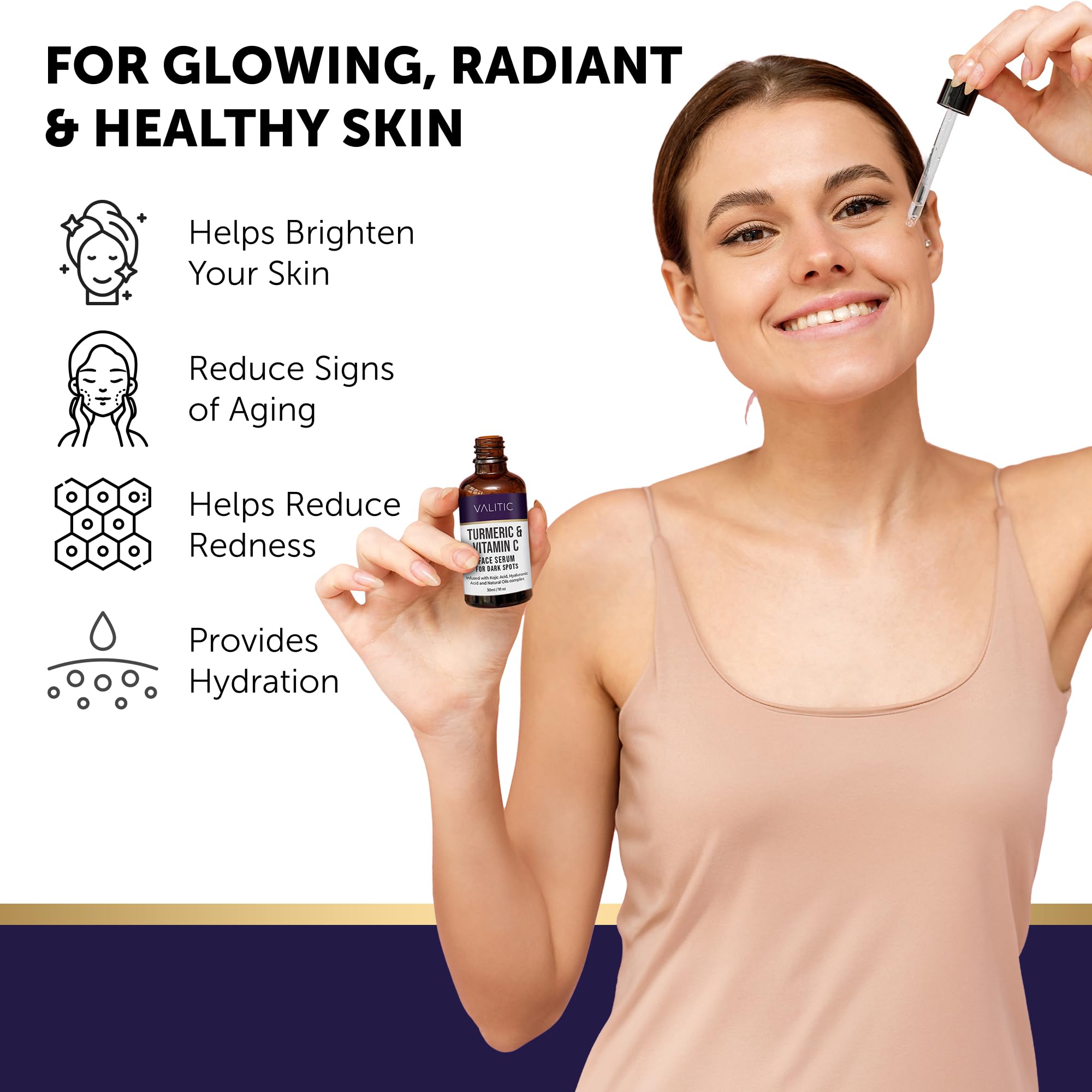VALITIC turmeric and kojic acid visual emphasizes brightening and even tone.