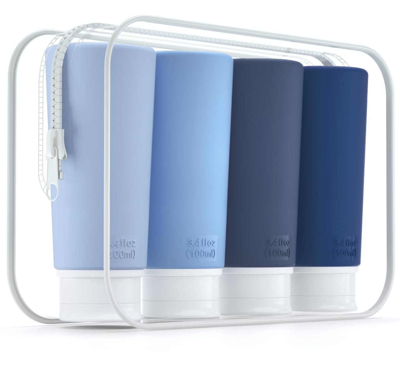 Bouteilles Valourgo bleu 3,4 oz, idéales pour shampoing en déplacement.