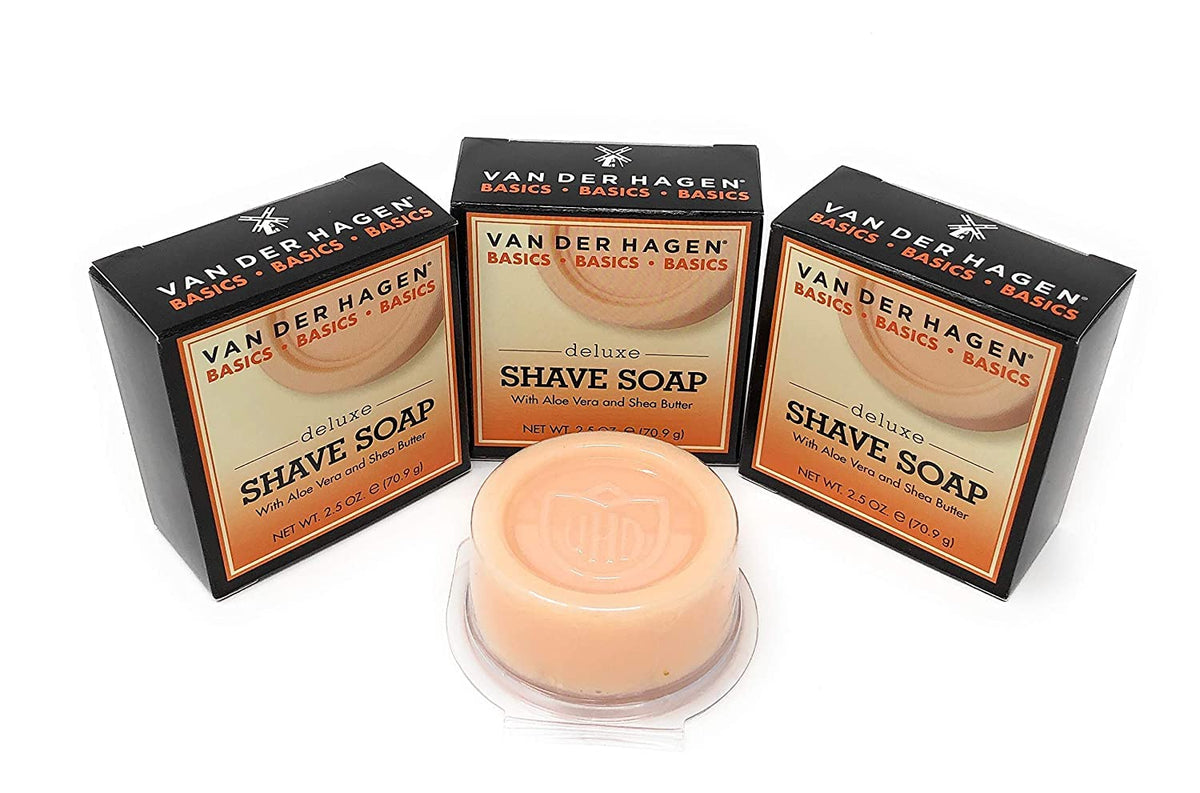 Van Der Hagen Deluxe Shave Soap 3-pack packshot showing the classic puck trio for easy value