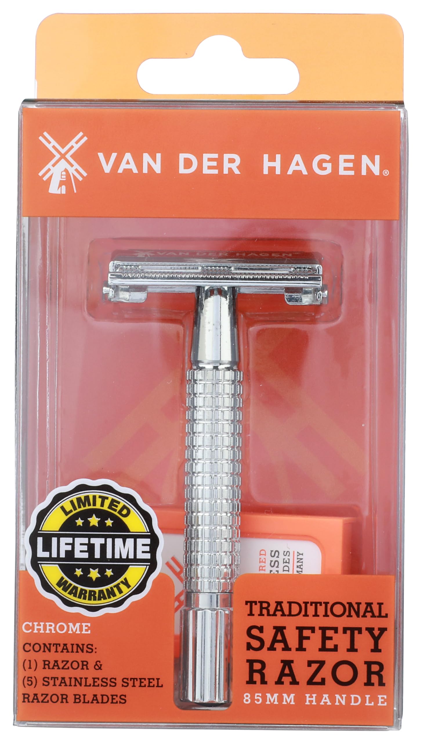 Rasoir Van Der Hagen, manche chrome 85 mm, prise en main ferme et contrôle précis.