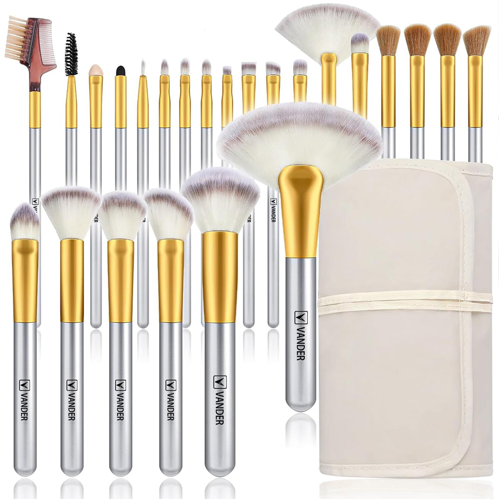 Ensemble Vander pinceaux maquillage 24 pièces, prêt pour voyage et rangement pratique.