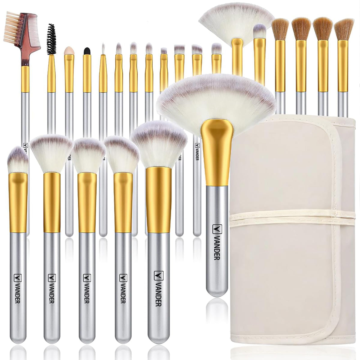 Ensemble Vander pinceaux maquillage 24 pièces, prêt pour voyage et rangement pratique.